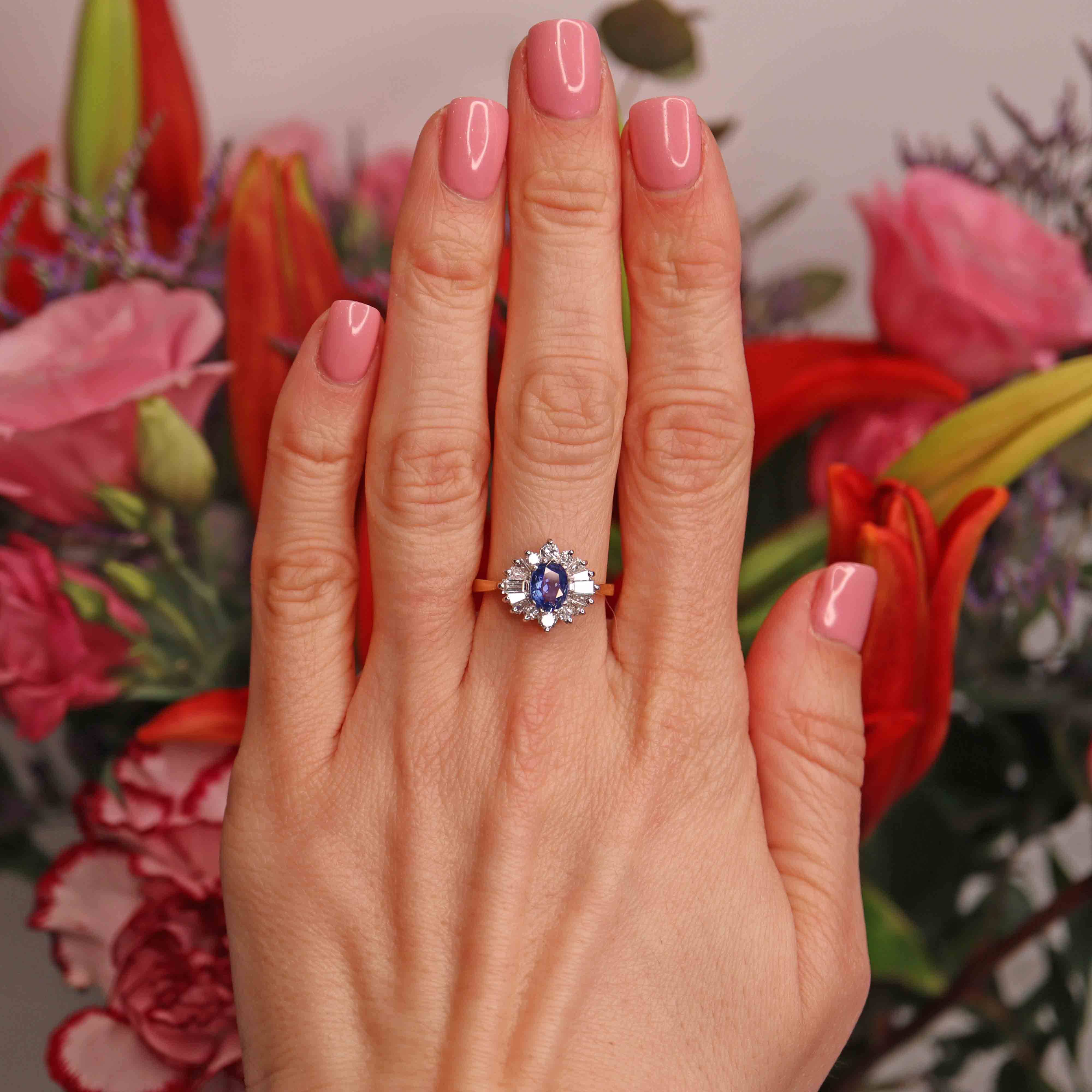 Ellibelle Jewellery Vintage 1988 Ceylon Sapphire & Diamond 18ct Gold Cluster Ring