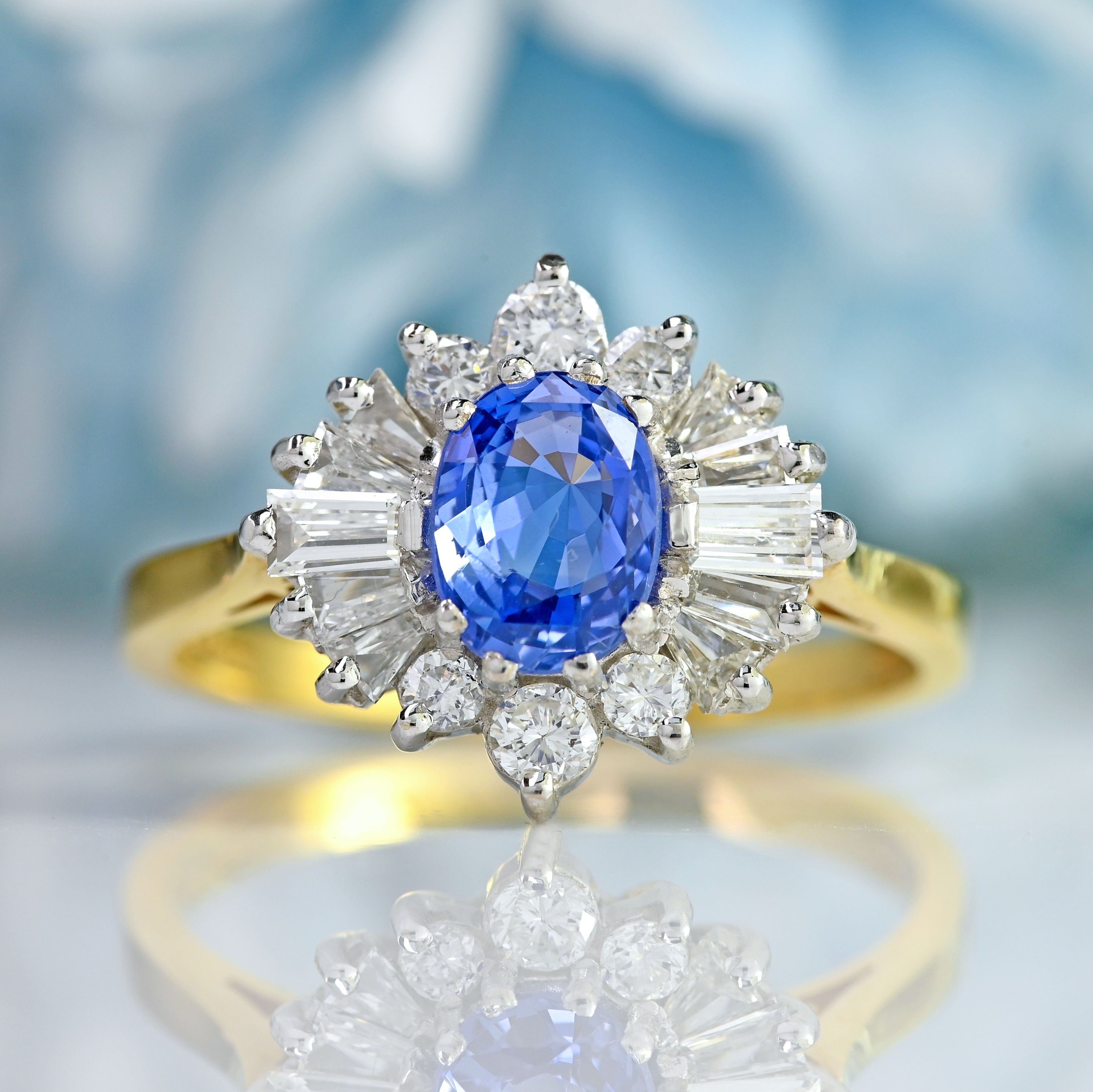 Ellibelle Jewellery Vintage 1988 Ceylon Sapphire & Diamond 18ct Gold Cluster Ring