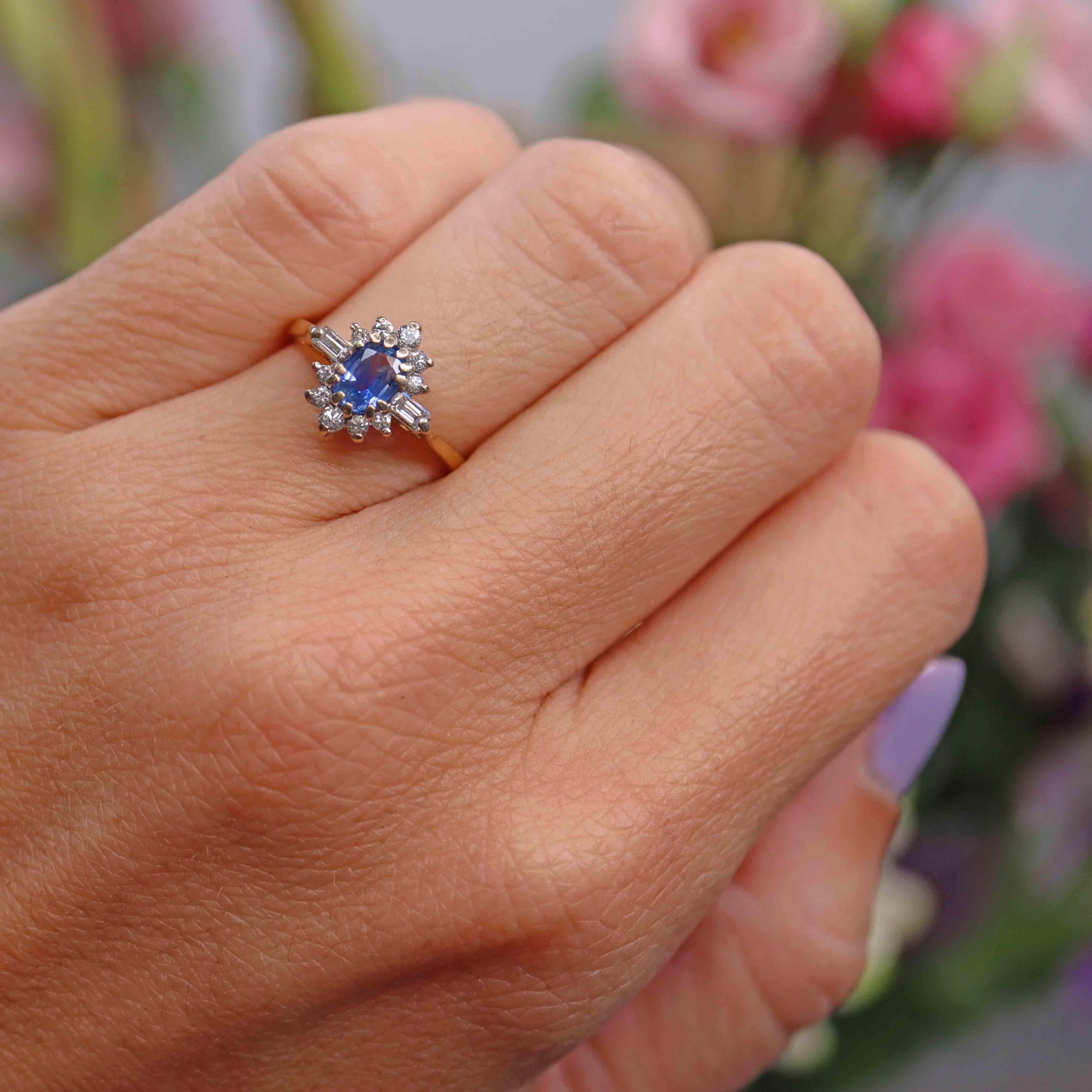 Ellibelle Jewellery Vintage 1988 Ceylon Sapphire & Diamond 18ct Gold Cluster Ring