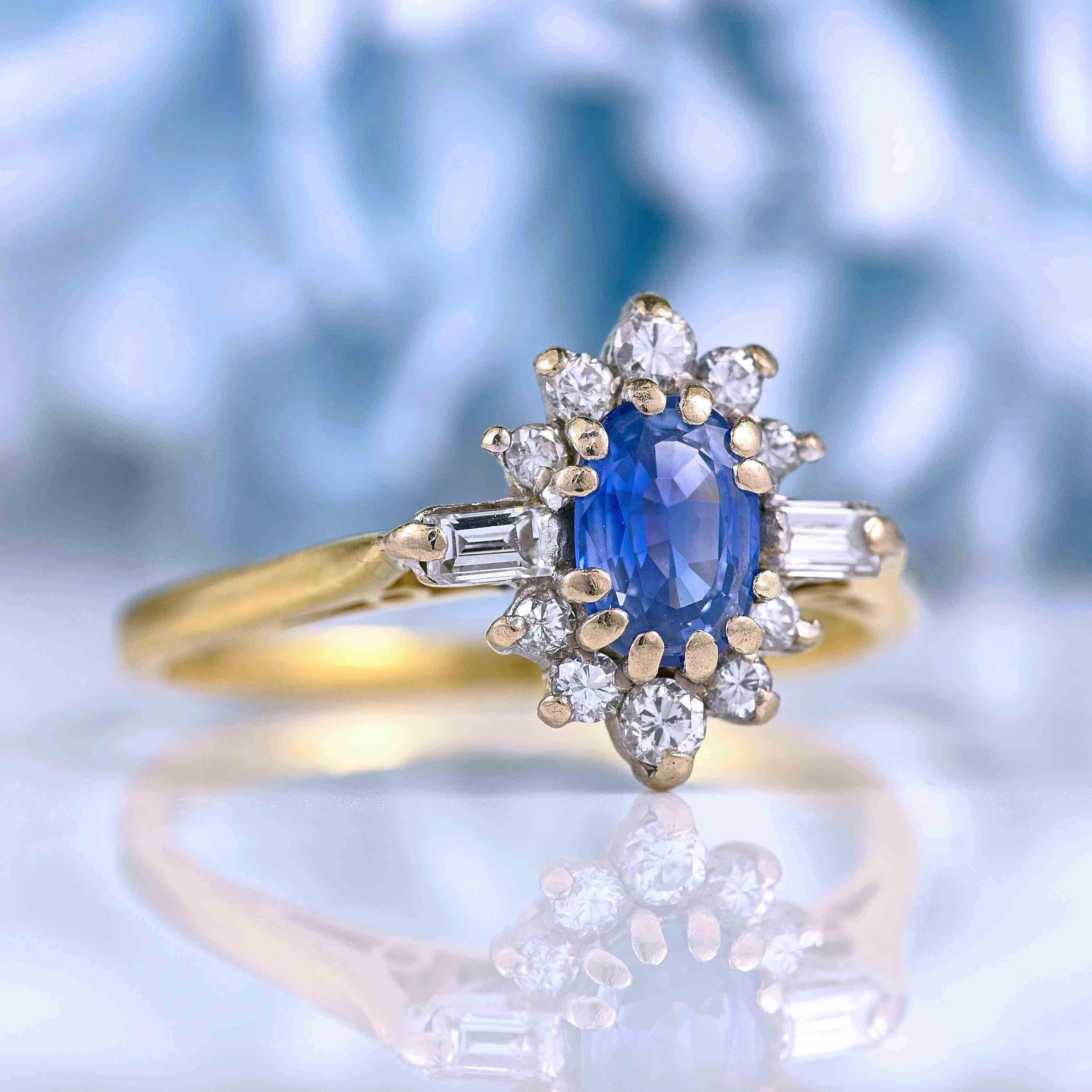 Ellibelle Jewellery Vintage 1988 Ceylon Sapphire & Diamond 18ct Gold Cluster Ring