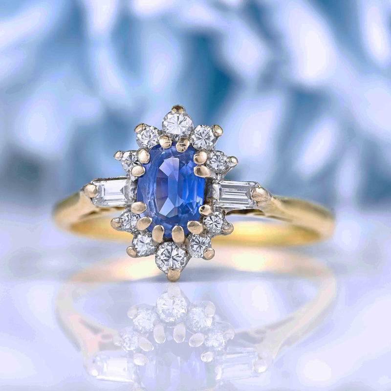 Ellibelle Jewellery Vintage 1988 Ceylon Sapphire & Diamond 18ct Gold Cluster Ring