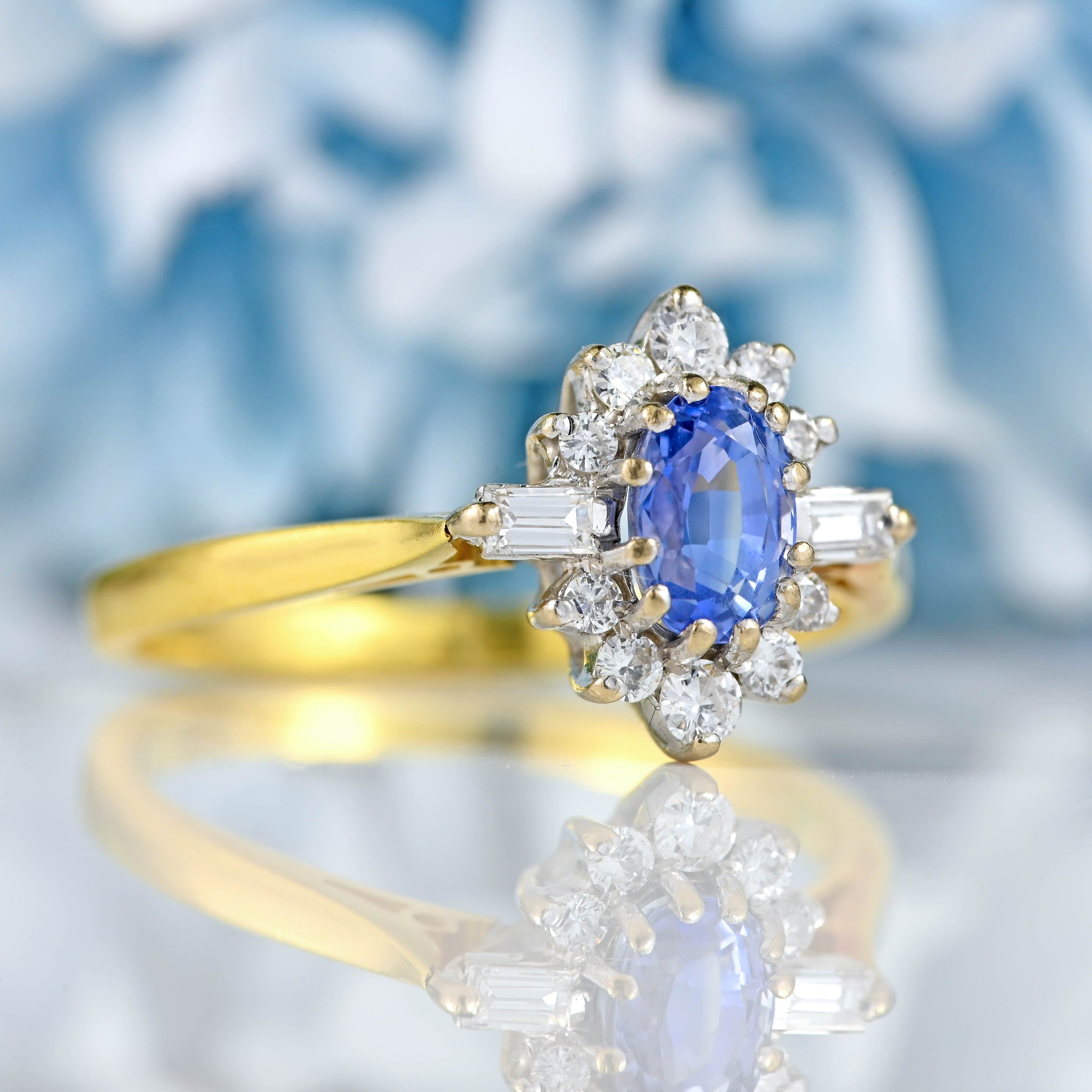 Ellibelle Jewellery Vintage 1988 Ceylon Sapphire & Diamond 18ct Gold Cluster Ring