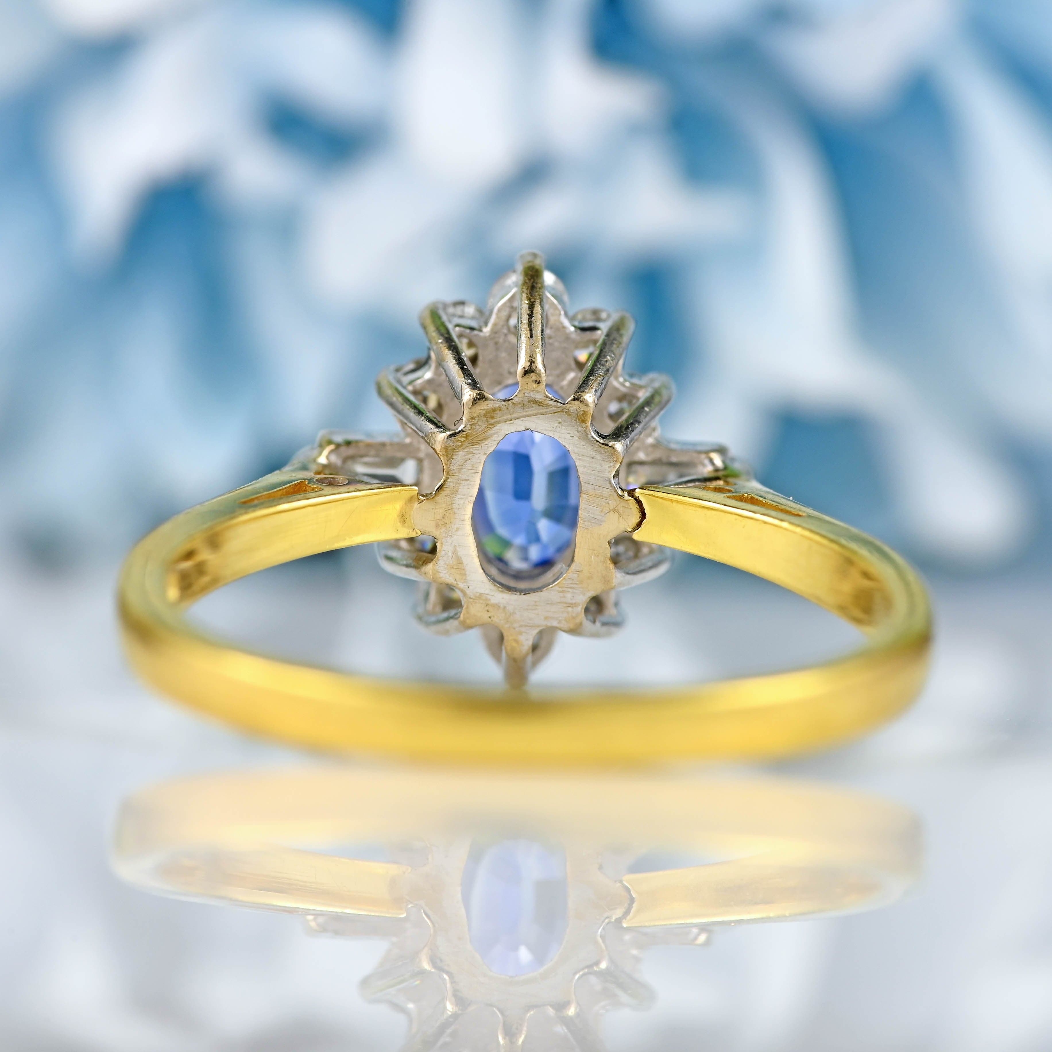 Ellibelle Jewellery Vintage 1988 Ceylon Sapphire & Diamond 18ct Gold Cluster Ring