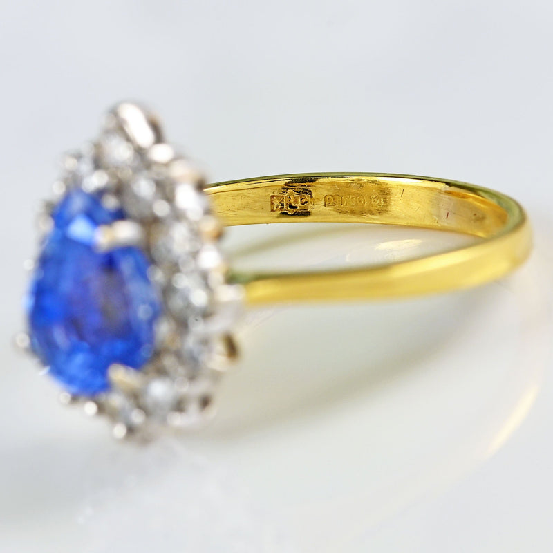 Ellibelle Jewellery Vintage 1988 Ceylon Sapphire & Diamond 18ct Gold Pear-Shaped Cluster Ring