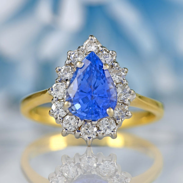 Ellibelle Jewellery Vintage 1988 Ceylon Sapphire & Diamond 18ct Gold Pear-Shaped Cluster Ring