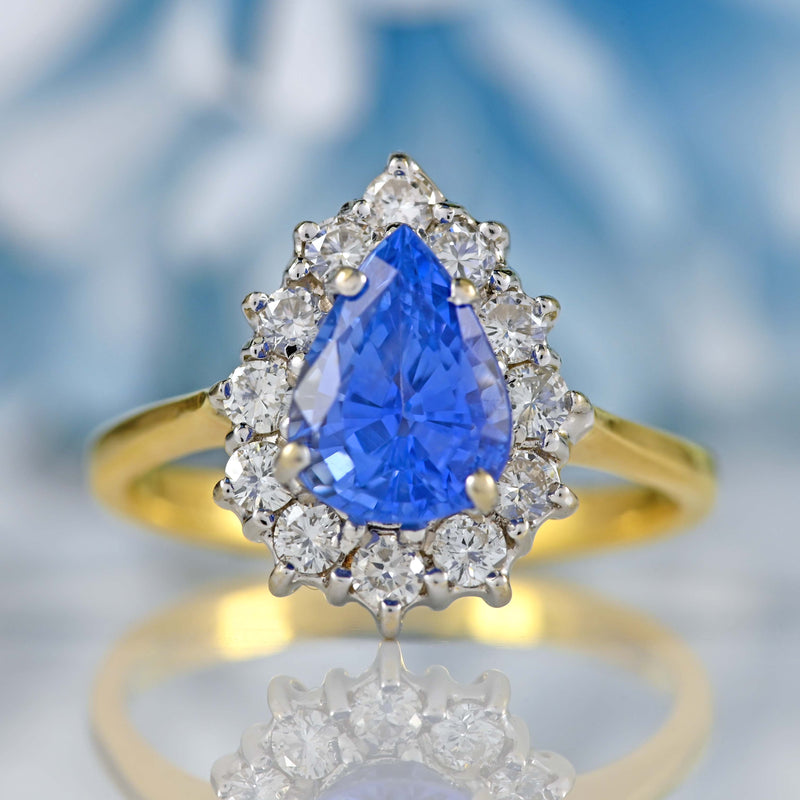 Ellibelle Jewellery Vintage 1988 Ceylon Sapphire & Diamond 18ct Gold Pear-Shaped Cluster Ring