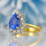 Ellibelle Jewellery Vintage 1988 Ceylon Sapphire & Diamond 18ct Gold Pear-Shaped Cluster Ring