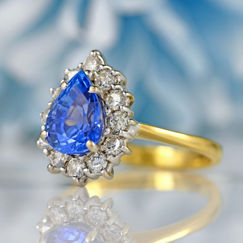 Ellibelle Jewellery Vintage 1988 Ceylon Sapphire & Diamond 18ct Gold Pear-Shaped Cluster Ring