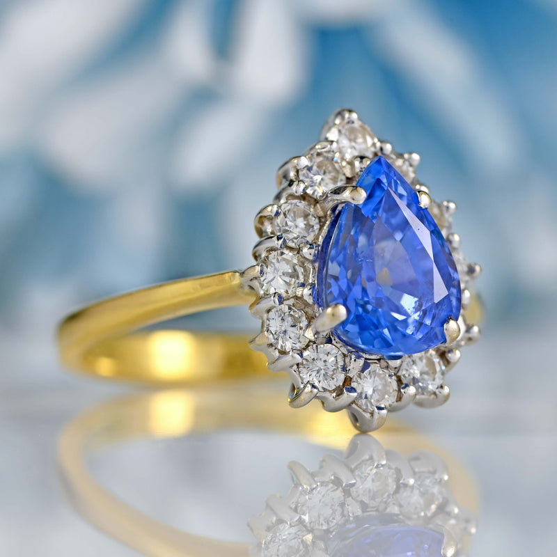 Ellibelle Jewellery Vintage 1988 Ceylon Sapphire & Diamond 18ct Gold Pear-Shaped Cluster Ring