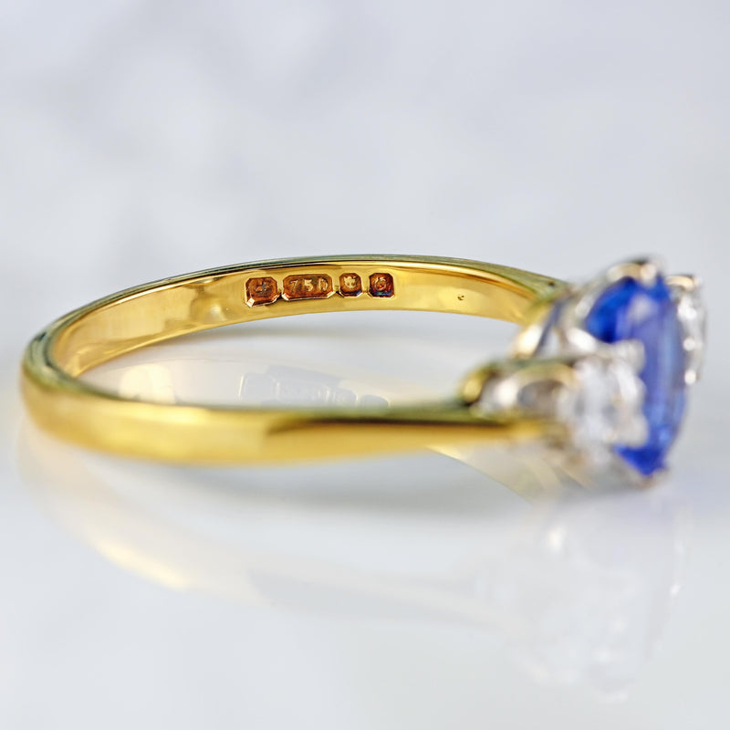 Ellibelle Jewellery Vintage 1988 Ceylon Sapphire & Diamond 18ct Gold Three-Stone Engagement Ring