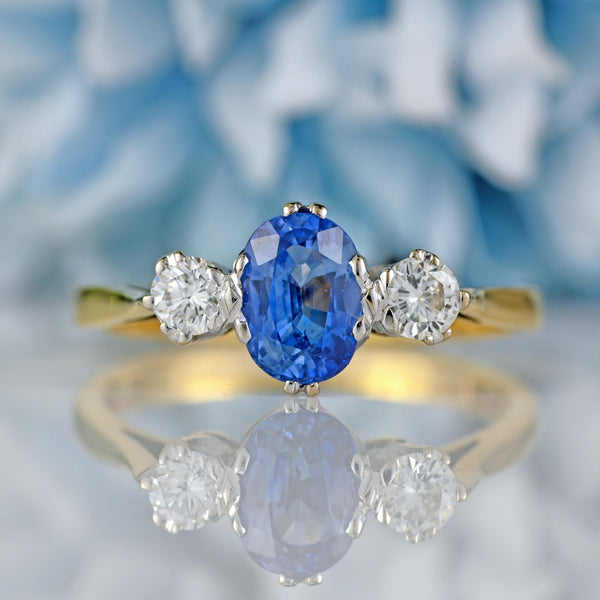 Ellibelle Jewellery Vintage 1988 Ceylon Sapphire & Diamond 18ct Gold Three-Stone Engagement Ring
