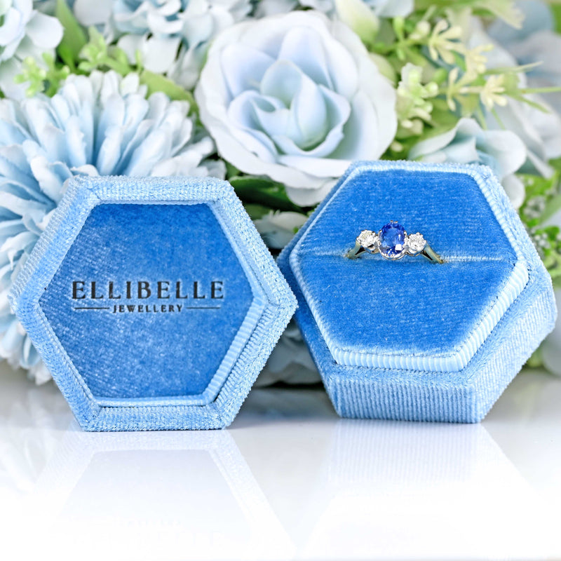 Ellibelle Jewellery Vintage 1988 Ceylon Sapphire & Diamond 18ct Gold Three-Stone Engagement Ring