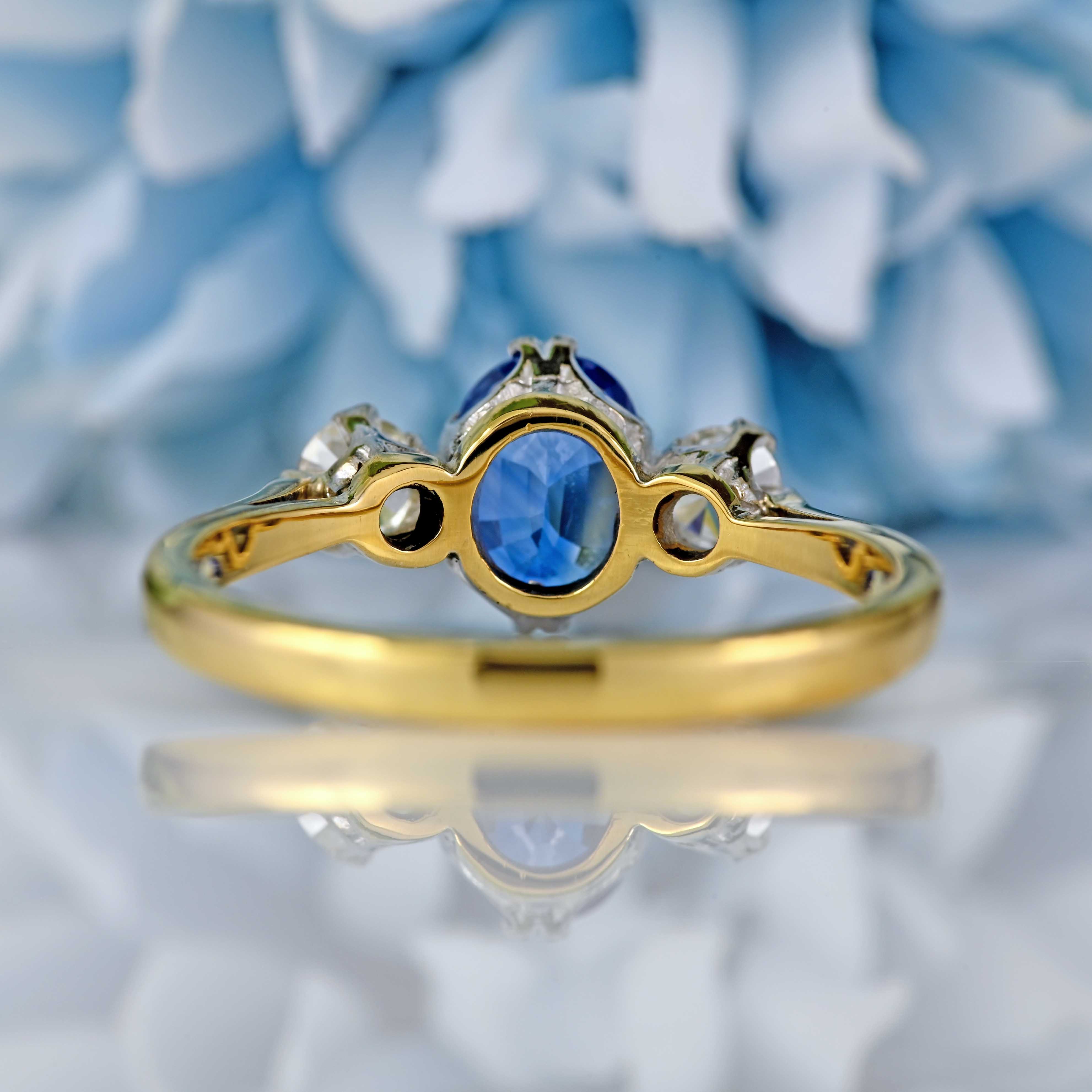 Ellibelle Jewellery Vintage 1988 Ceylon Sapphire & Diamond 18ct Gold Three-Stone Engagement Ring
