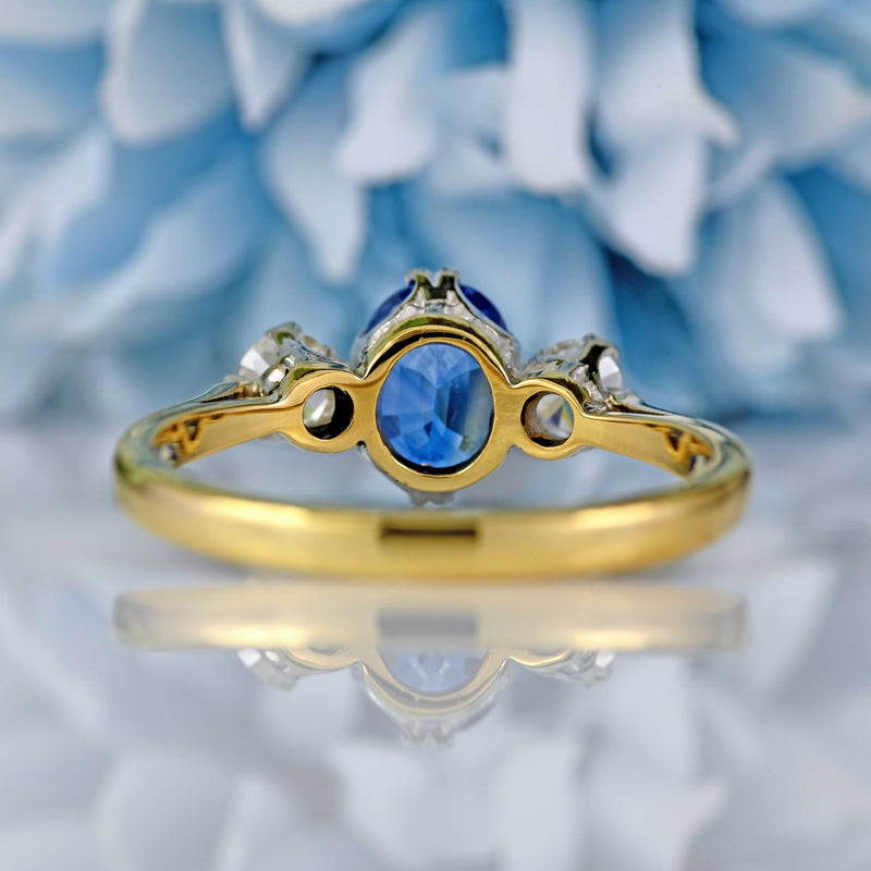 Ellibelle Jewellery Vintage 1988 Ceylon Sapphire & Diamond 18ct Gold Three-Stone Engagement Ring