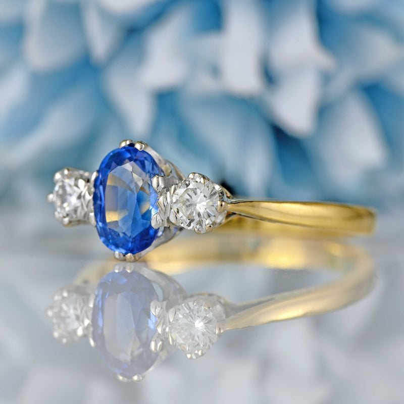 Ellibelle Jewellery Vintage 1988 Ceylon Sapphire & Diamond 18ct Gold Three-Stone Engagement Ring