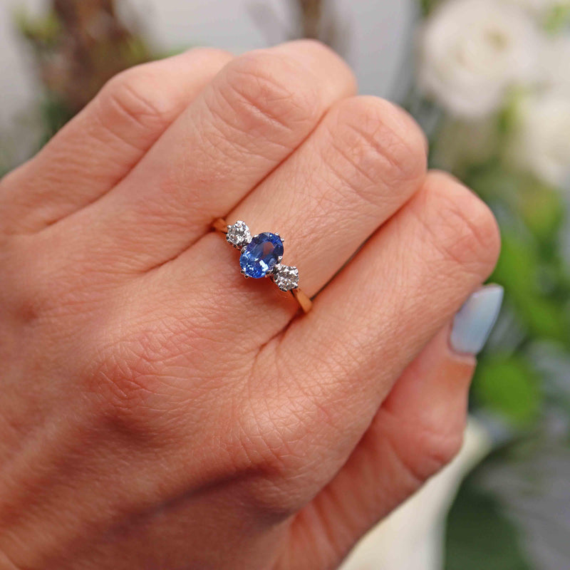 Ellibelle Jewellery Vintage 1988 Ceylon Sapphire & Diamond 18ct Gold Three-Stone Engagement Ring
