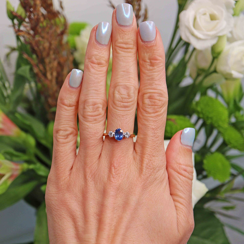 Ellibelle Jewellery Vintage 1988 Ceylon Sapphire & Diamond 18ct Gold Three-Stone Engagement Ring