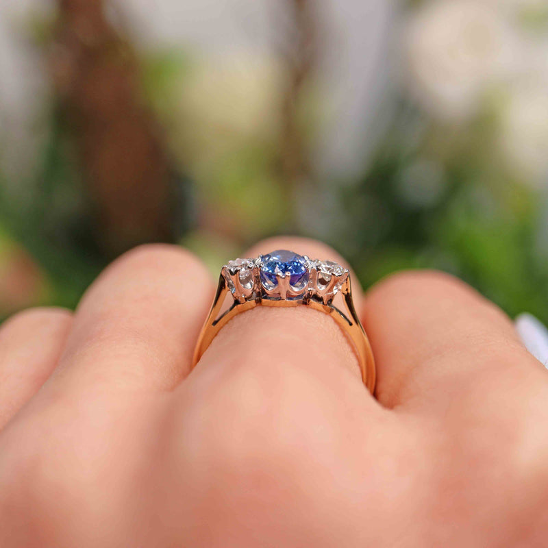 Ellibelle Jewellery Vintage 1988 Ceylon Sapphire & Diamond 18ct Gold Three-Stone Engagement Ring