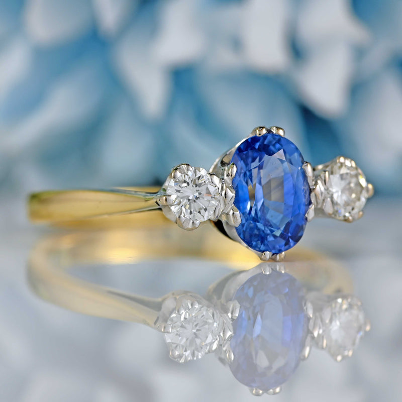 Ellibelle Jewellery Vintage 1988 Ceylon Sapphire & Diamond 18ct Gold Three-Stone Engagement Ring