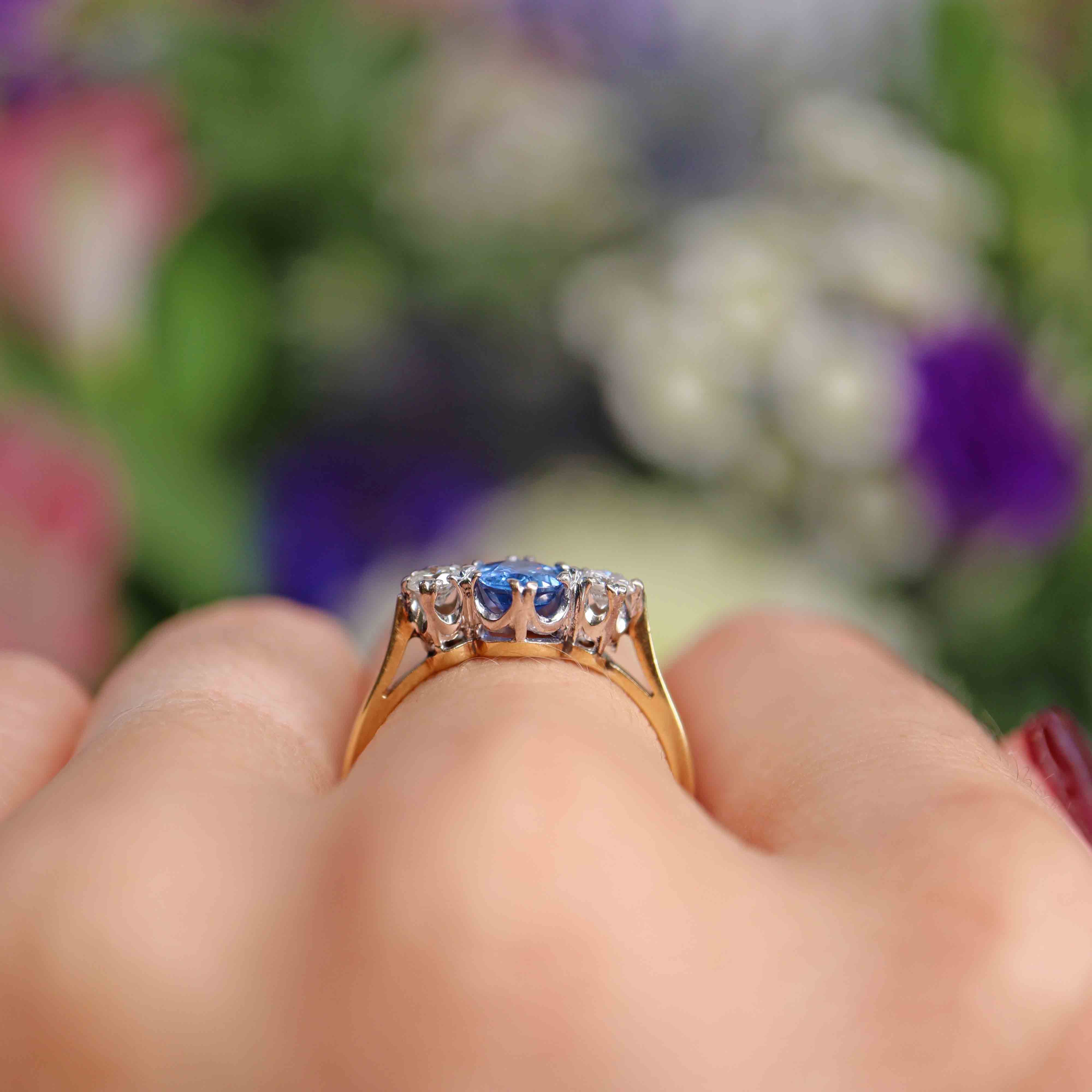 Ellibelle Jewellery Vintage 1988 Ceylon Sapphire & Diamond Three-Stone Ring