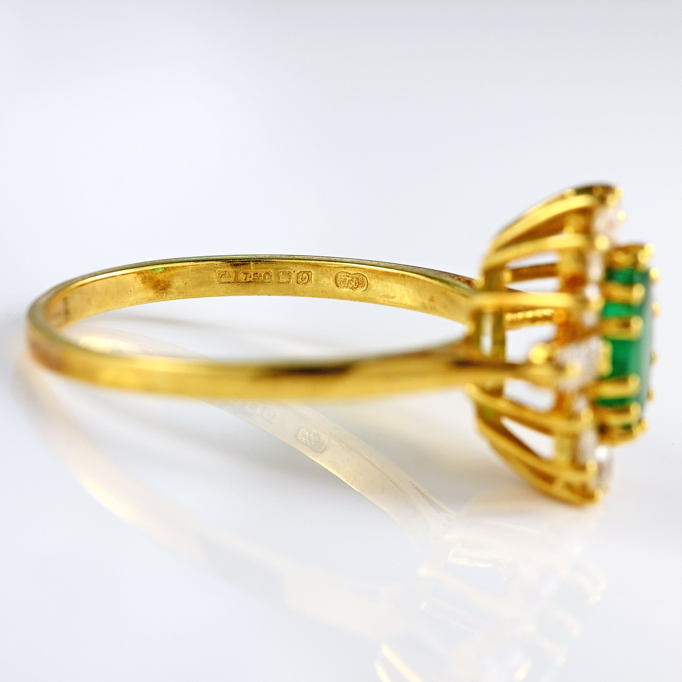 Ellibelle Jewellery Vintage 1988 Emerald & Baguette Diamond 18ct Gold Oval Cluster Ring