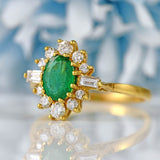 Ellibelle Jewellery Vintage 1988 Emerald & Baguette Diamond 18ct Gold Oval Cluster Ring