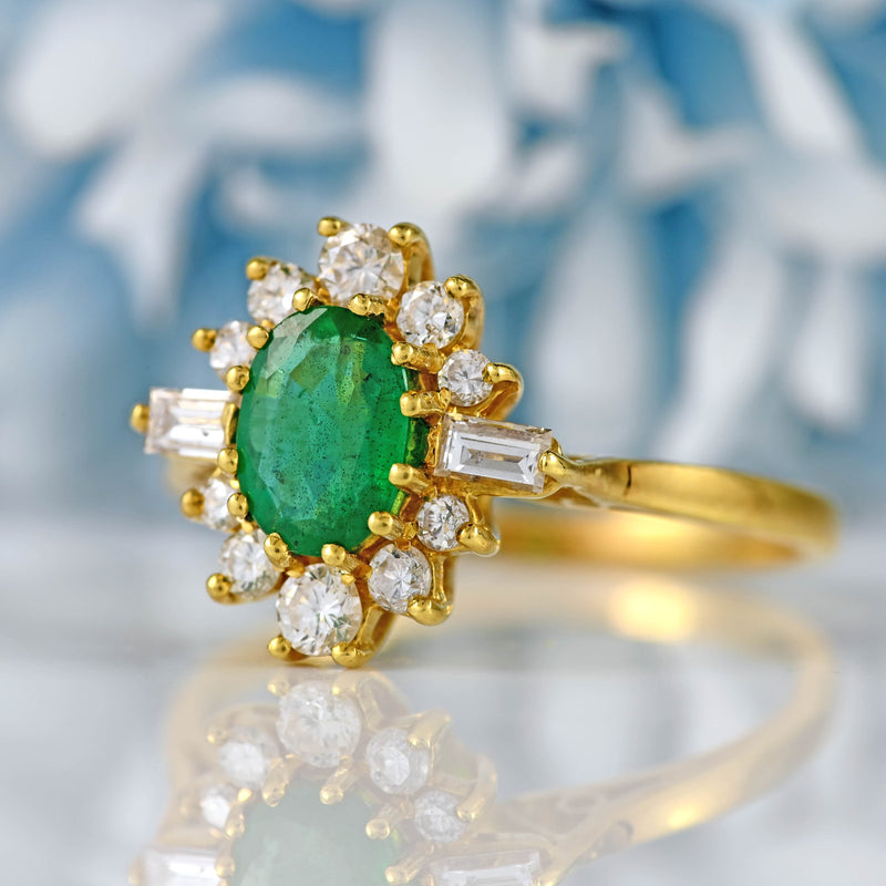 Ellibelle Jewellery Vintage 1988 Emerald & Baguette Diamond 18ct Gold Oval Cluster Ring