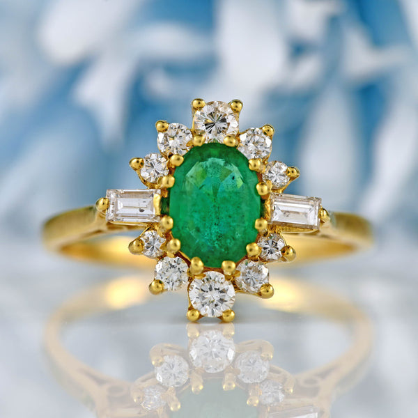 Ellibelle Jewellery Vintage 1988 Emerald & Baguette Diamond 18ct Gold Oval Cluster Ring