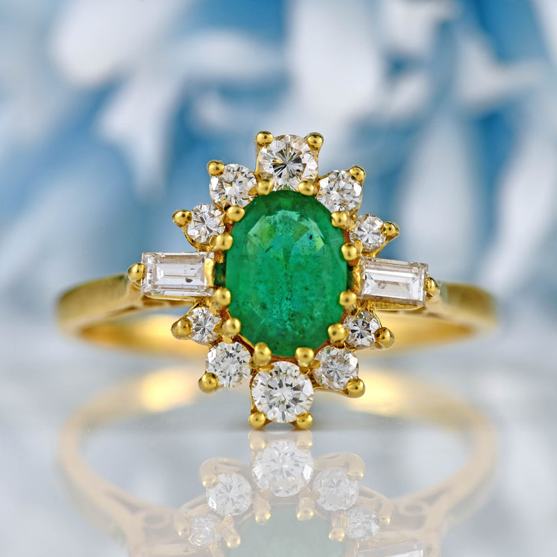 Ellibelle Jewellery Vintage 1988 Emerald & Baguette Diamond 18ct Gold Oval Cluster Ring