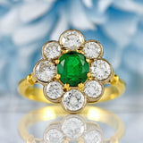 Ellibelle Jewellery Vintage 1988 Emerald & Diamond 18ct Gold Cluster Engagement Ring (0.85cts)
