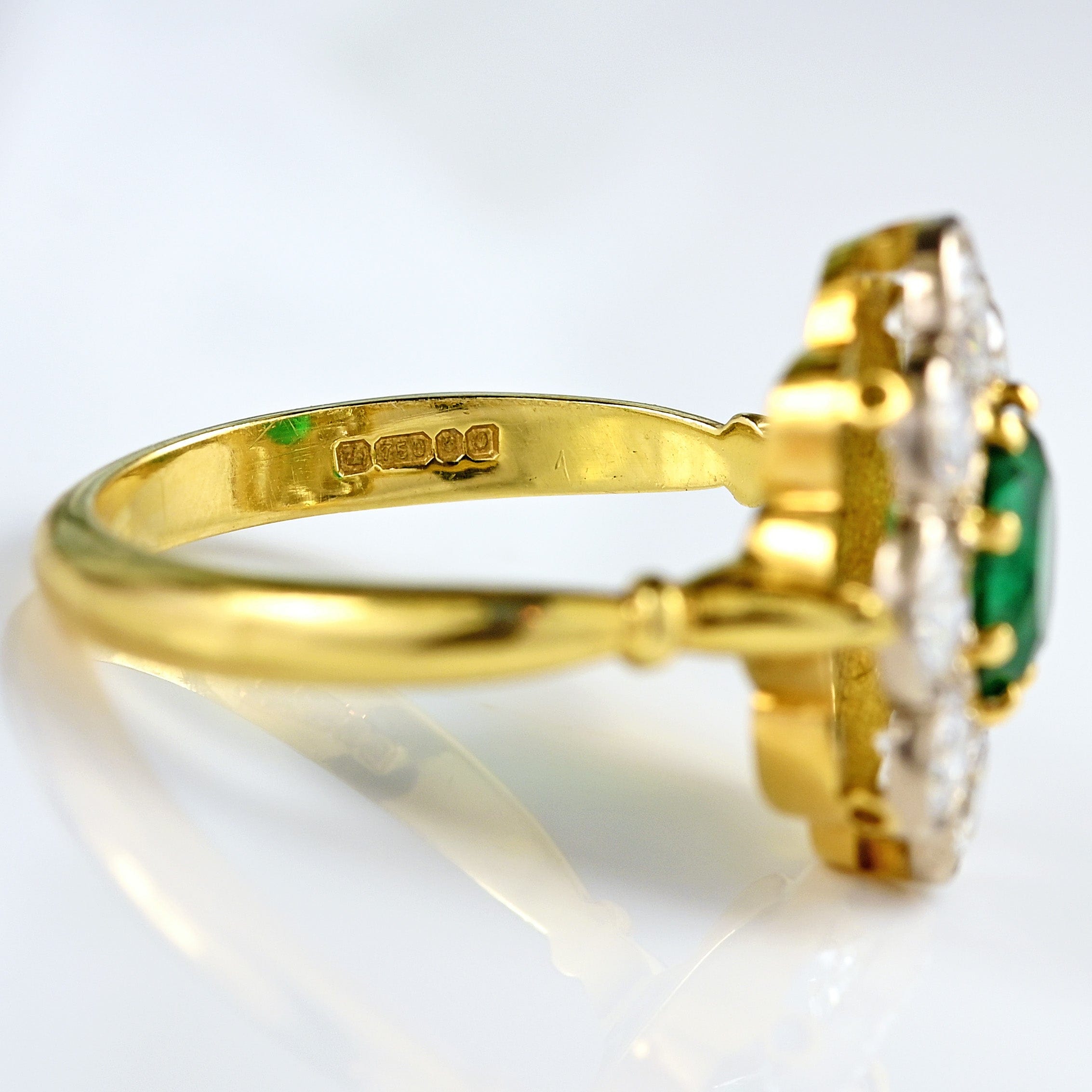 Ellibelle Jewellery Vintage 1988 Emerald & Diamond 18ct Gold Cluster Engagement Ring (0.85cts)