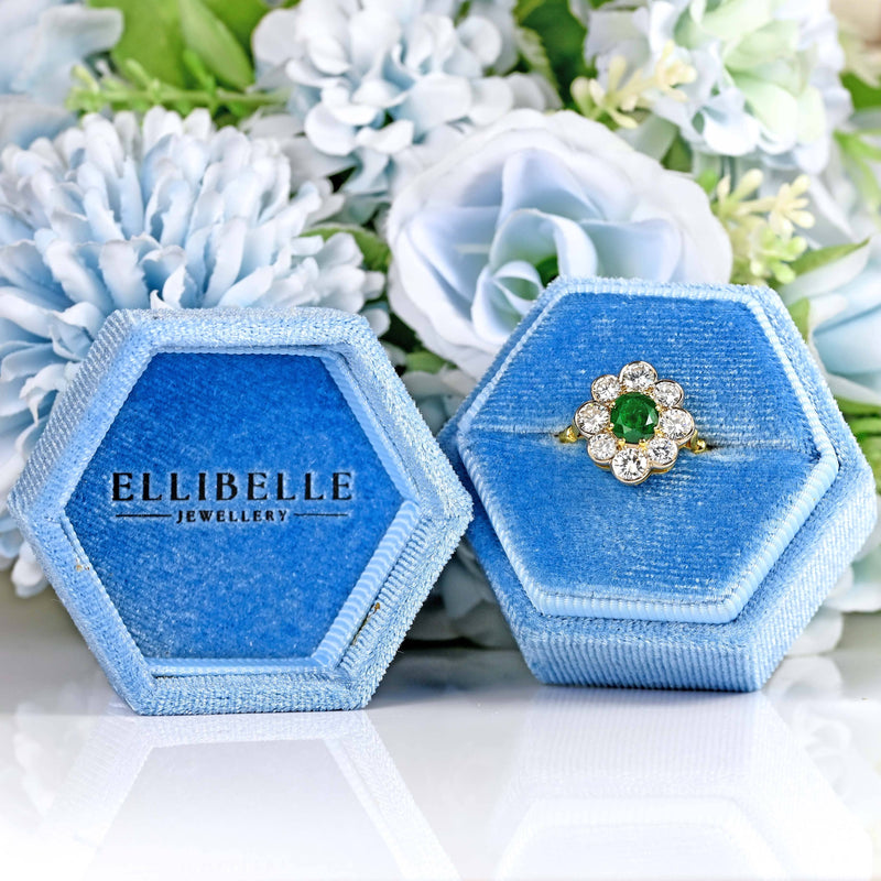 Ellibelle Jewellery Vintage 1988 Emerald & Diamond 18ct Gold Cluster Engagement Ring (0.85cts)