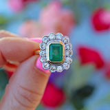 Ellibelle Jewellery Vintage 1988 Emerald & Diamond 18ct Gold Cluster Engagement Ring (2.17cts)