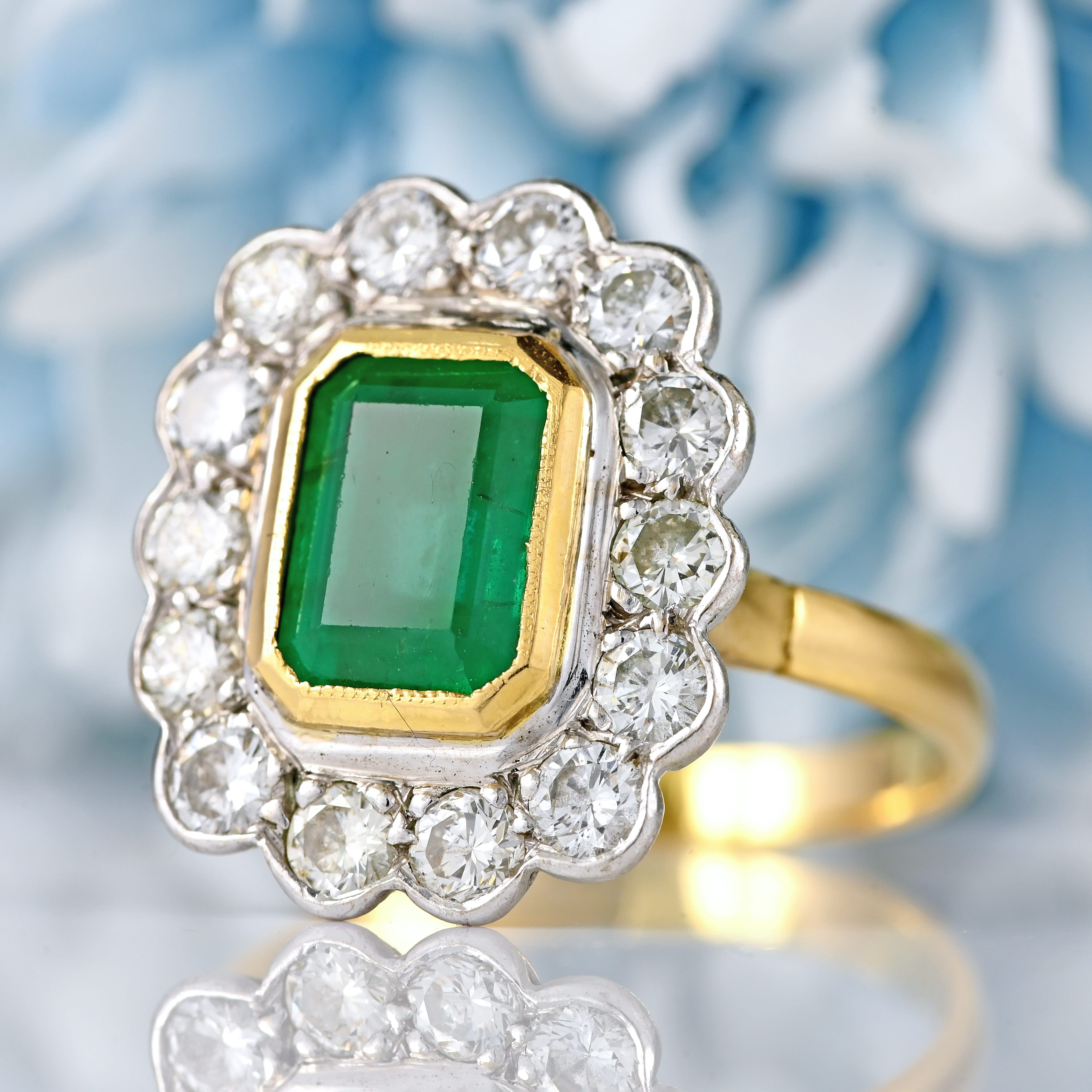 Ellibelle Jewellery Vintage 1988 Emerald & Diamond 18ct Gold Cluster Engagement Ring (2.17cts)