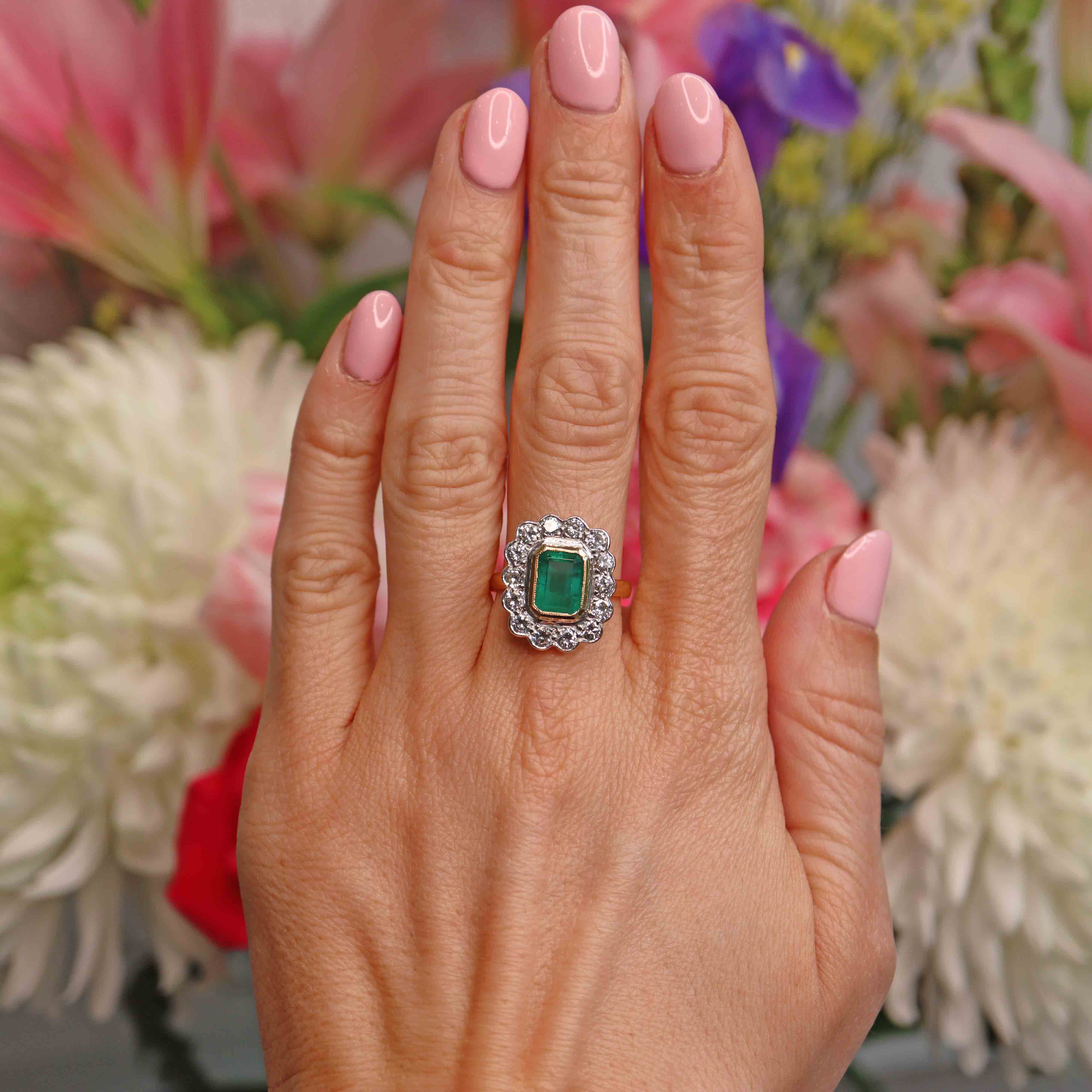 Ellibelle Jewellery Vintage 1988 Emerald & Diamond 18ct Gold Cluster Engagement Ring (2.17cts)