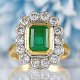 Ellibelle Jewellery Vintage 1988 Emerald & Diamond 18ct Gold Cluster Engagement Ring (2.17cts)