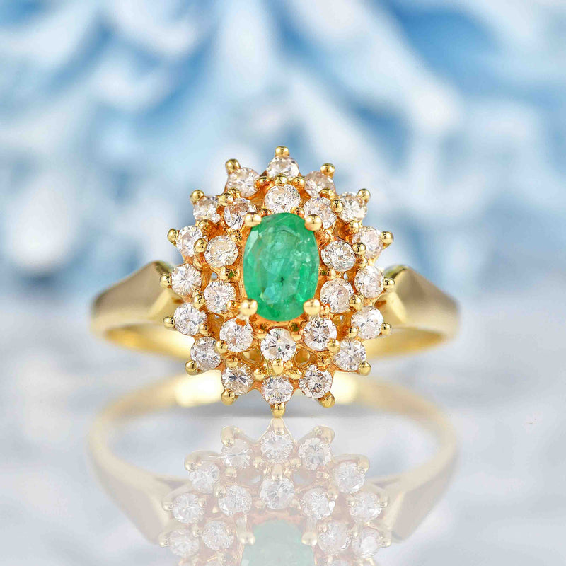 Ellibelle Jewellery Vintage 1988 Emerald & Diamond 18ct Gold Cluster Ring