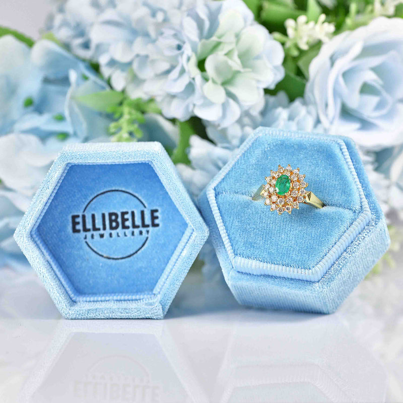 Ellibelle Jewellery Vintage 1988 Emerald & Diamond 18ct Gold Cluster Ring