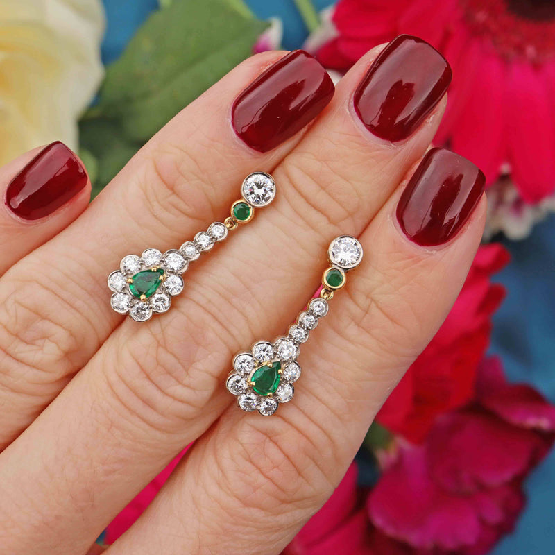 Ellibelle Jewellery Vintage 1988 Emerald & Diamond 18ct Gold Pear-Shaped Cluster Drop Earrings