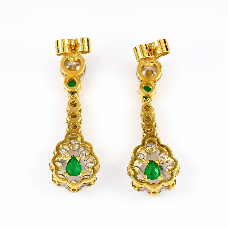 Ellibelle Jewellery Vintage 1988 Emerald & Diamond 18ct Gold Pear-Shaped Cluster Drop Earrings
