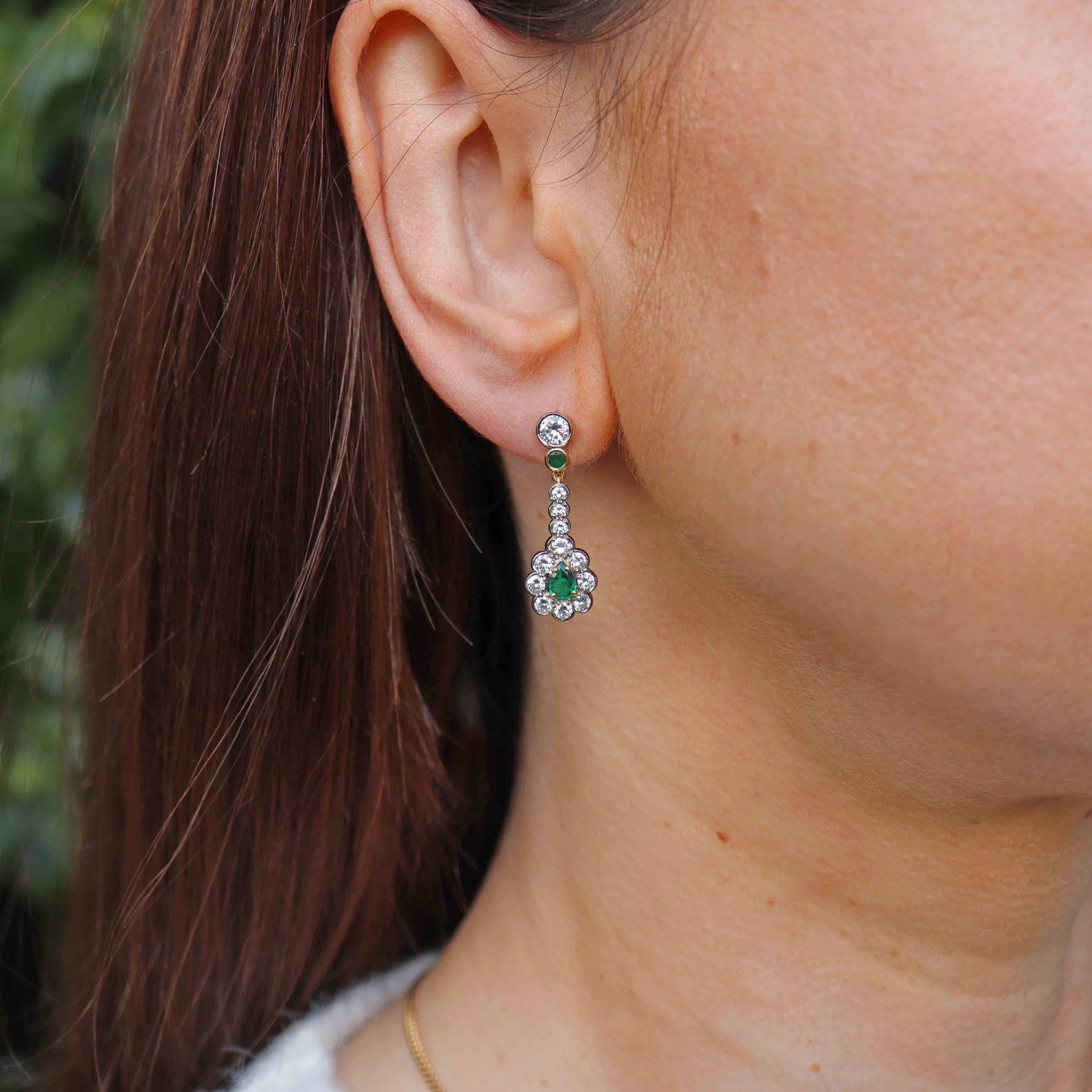 Ellibelle Jewellery Vintage 1988 Emerald & Diamond 18ct Gold Pear-Shaped Cluster Drop Earrings