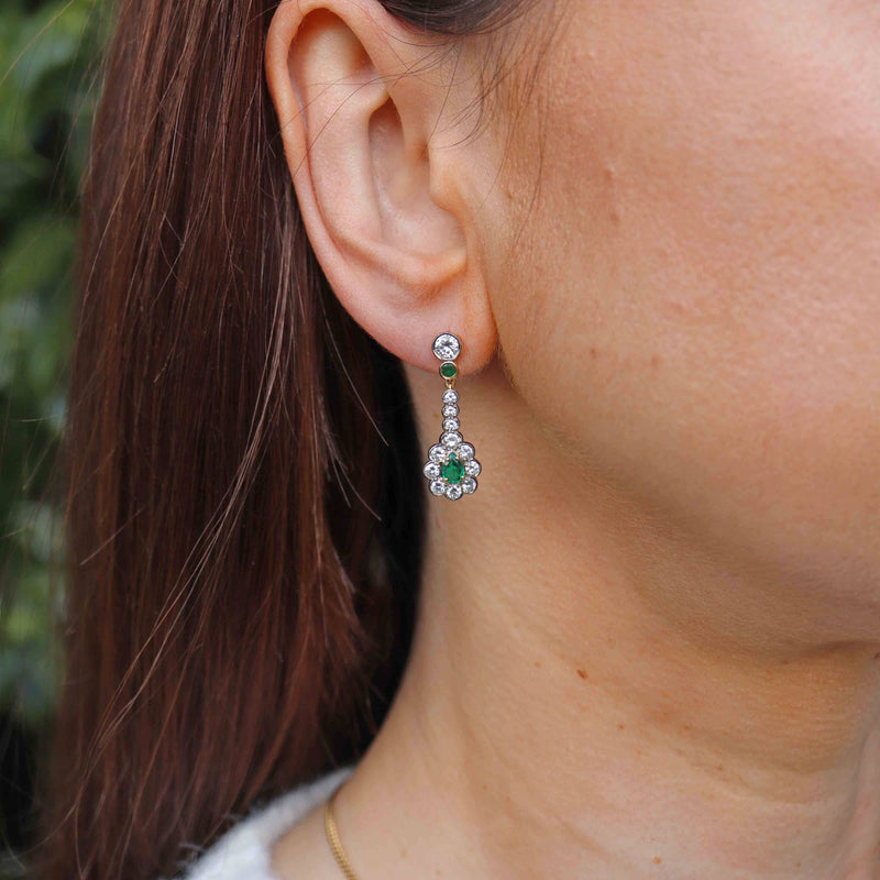Ellibelle Jewellery Vintage 1988 Emerald & Diamond 18ct Gold Pear-Shaped Cluster Drop Earrings