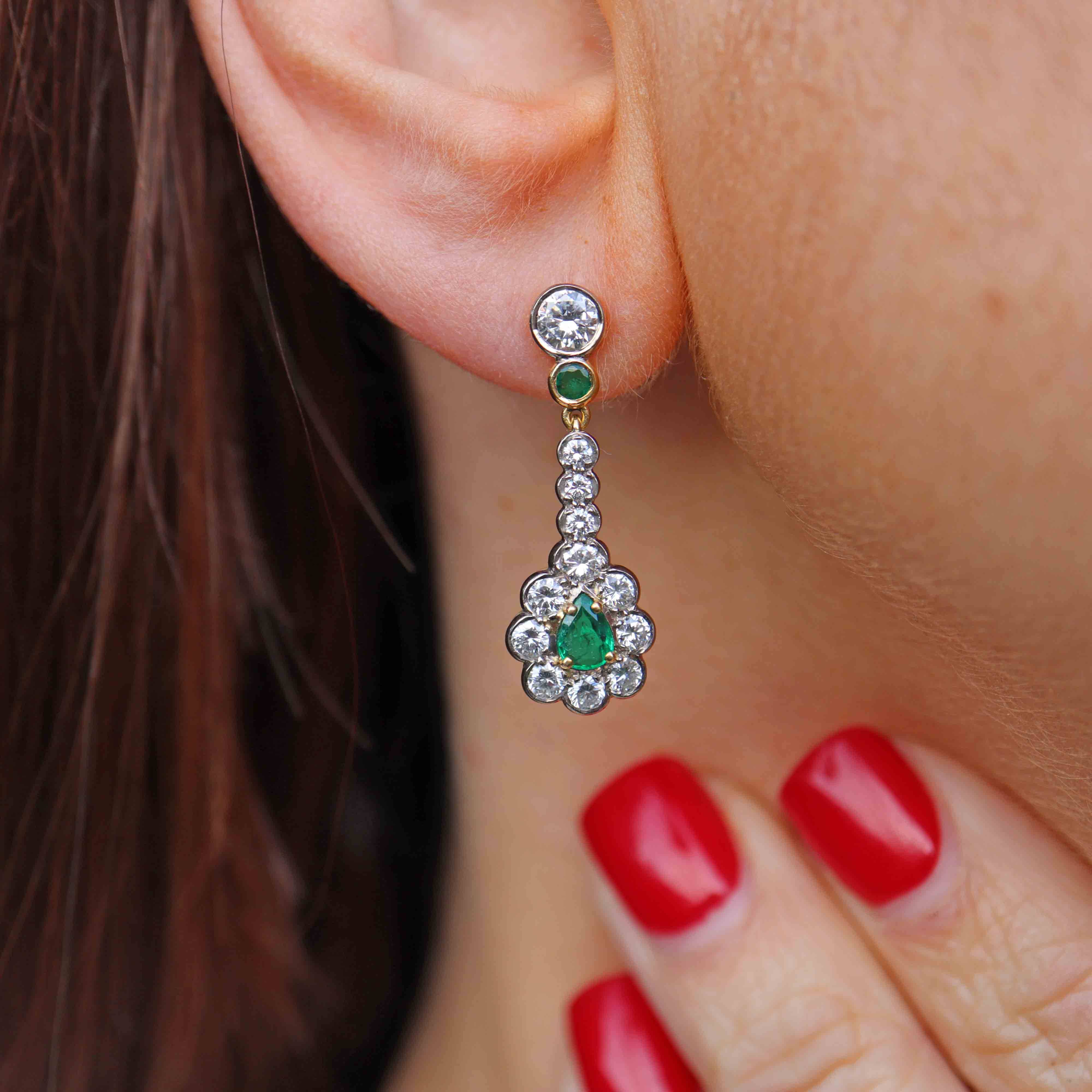 Ellibelle Jewellery Vintage 1988 Emerald & Diamond 18ct Gold Pear-Shaped Cluster Drop Earrings