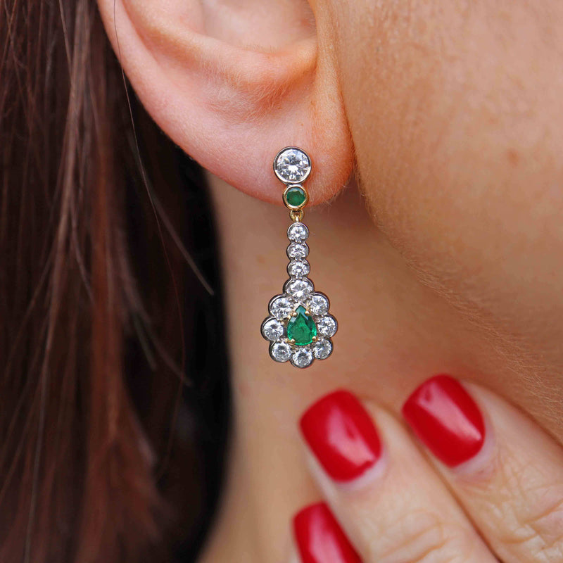 Ellibelle Jewellery Vintage 1988 Emerald & Diamond 18ct Gold Pear-Shaped Cluster Drop Earrings