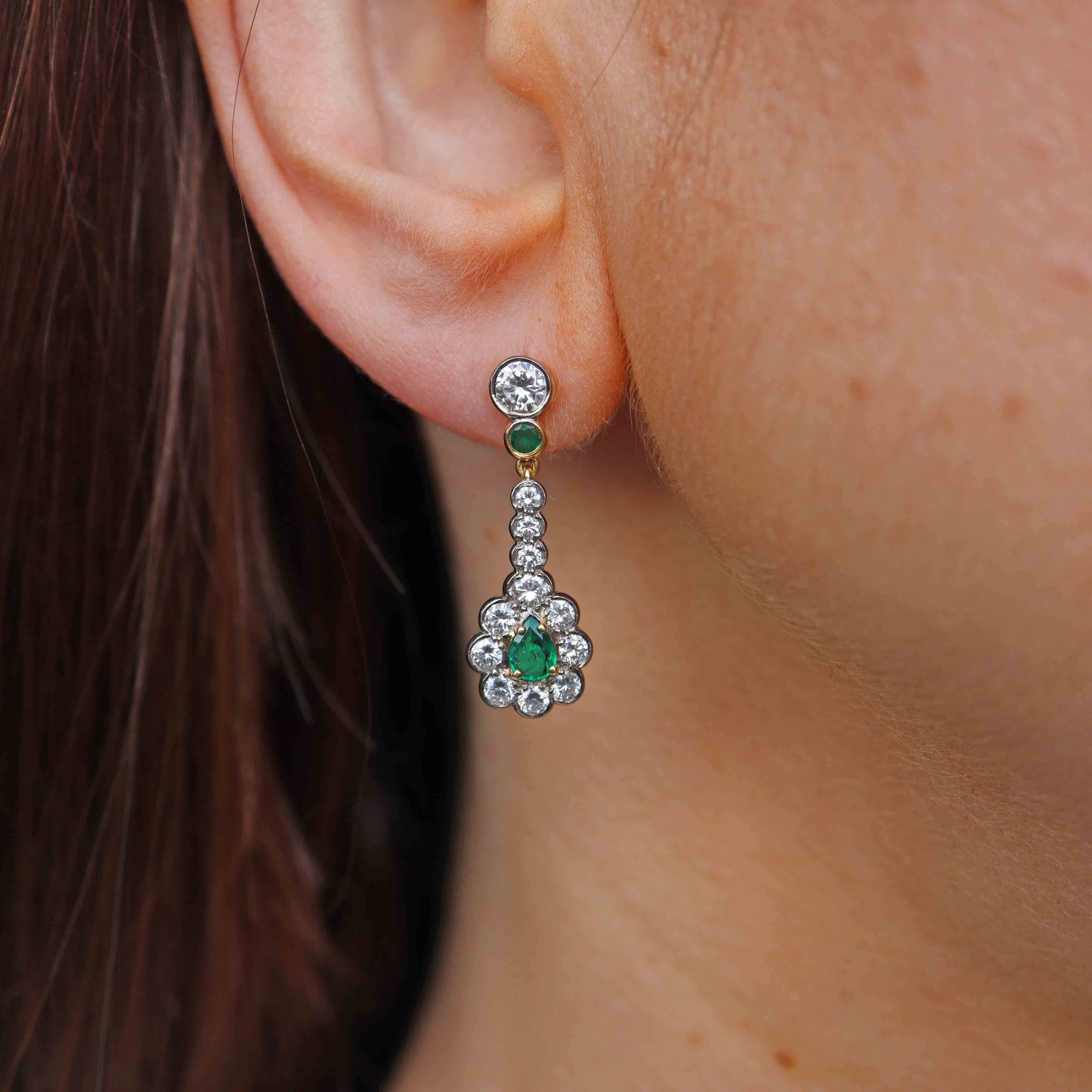 Ellibelle Jewellery Vintage 1988 Emerald & Diamond 18ct Gold Pear-Shaped Cluster Drop Earrings