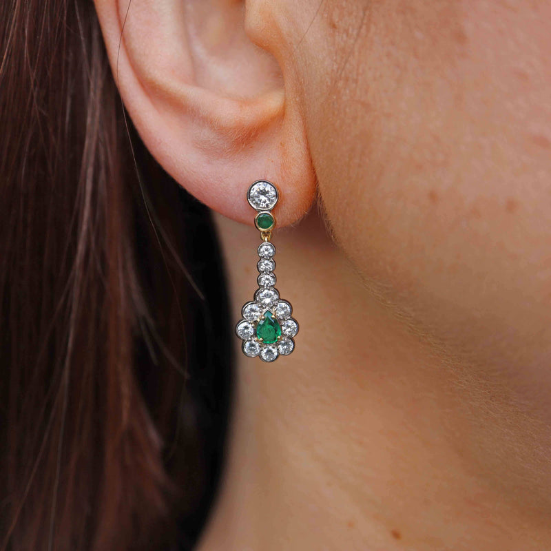 Ellibelle Jewellery Vintage 1988 Emerald & Diamond 18ct Gold Pear-Shaped Cluster Drop Earrings