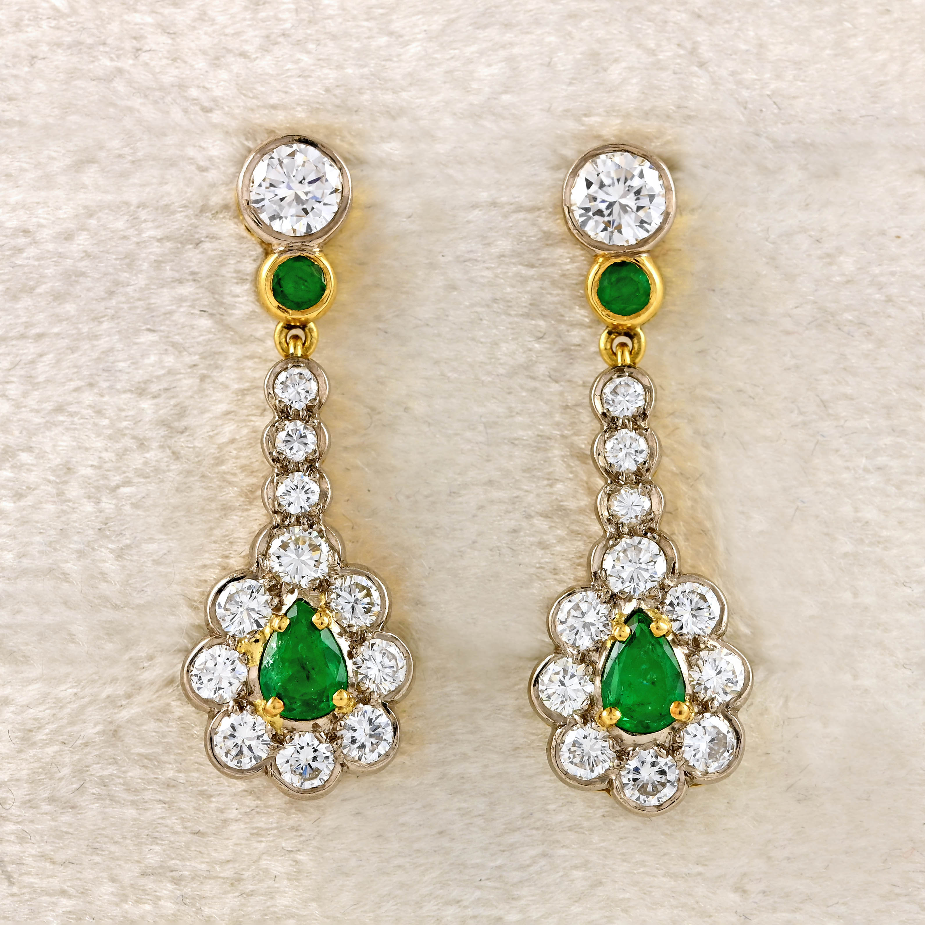 Ellibelle Jewellery Vintage 1988 Emerald & Diamond 18ct Gold Pear-Shaped Cluster Drop Earrings
