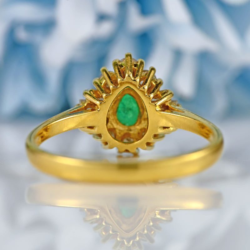 Ellibelle Jewellery Vintage 1988 Emerald & Vari-Cut Diamond 18ct Gold Pear Cluster Ring