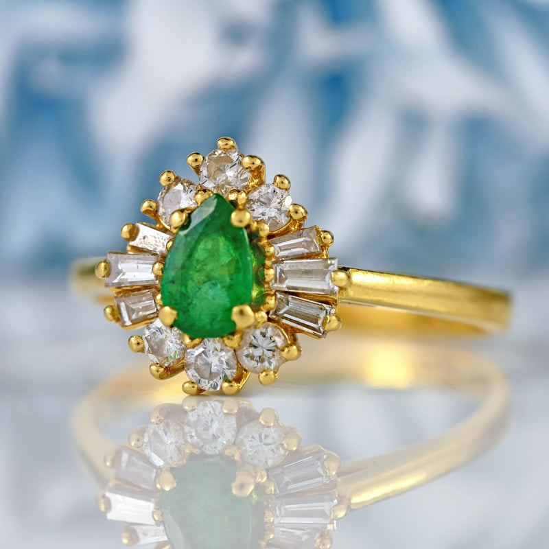 Ellibelle Jewellery Vintage 1988 Emerald & Vari-Cut Diamond 18ct Gold Pear Cluster Ring