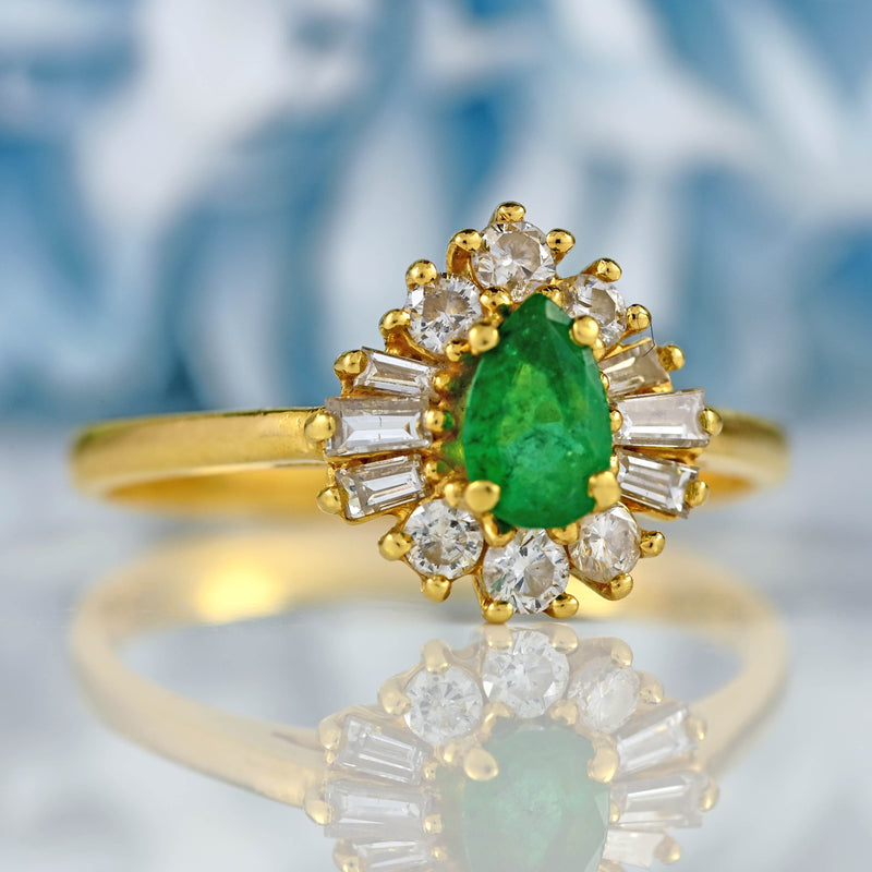 Ellibelle Jewellery Vintage 1988 Emerald & Vari-Cut Diamond 18ct Gold Pear Cluster Ring